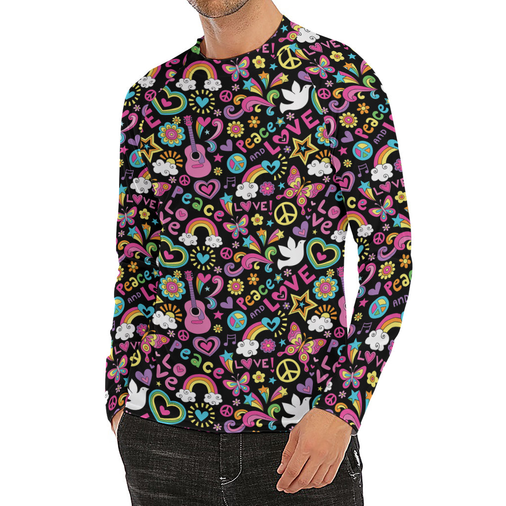 Hippie Peace Sign And Love Pattern Print Men's Long Sleeve Rash Guard