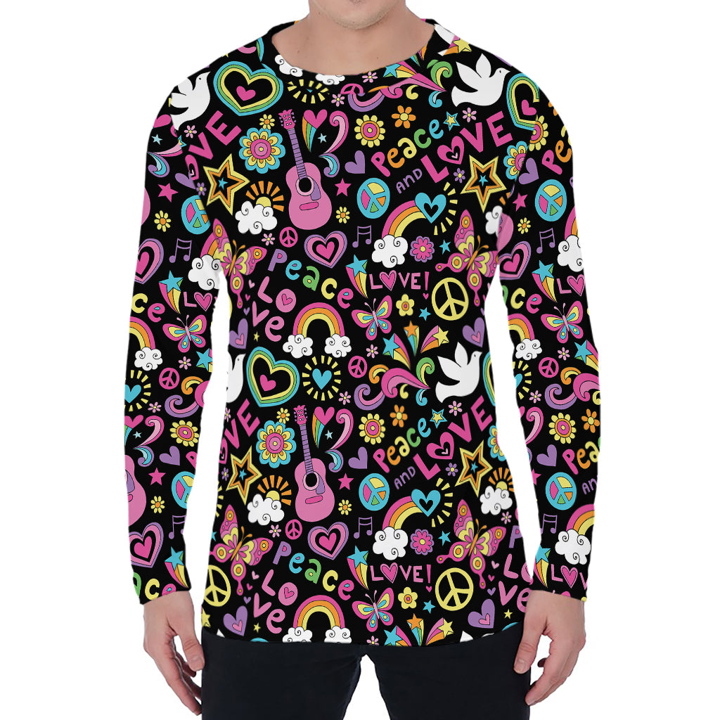 Hippie Peace Sign And Love Pattern Print Men's Long Sleeve T-Shirt