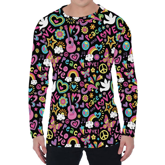Hippie Peace Sign And Love Pattern Print Men's Long Sleeve T-Shirt