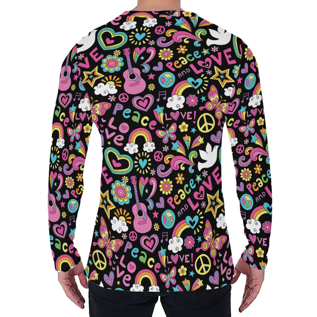 Hippie Peace Sign And Love Pattern Print Men's Long Sleeve T-Shirt
