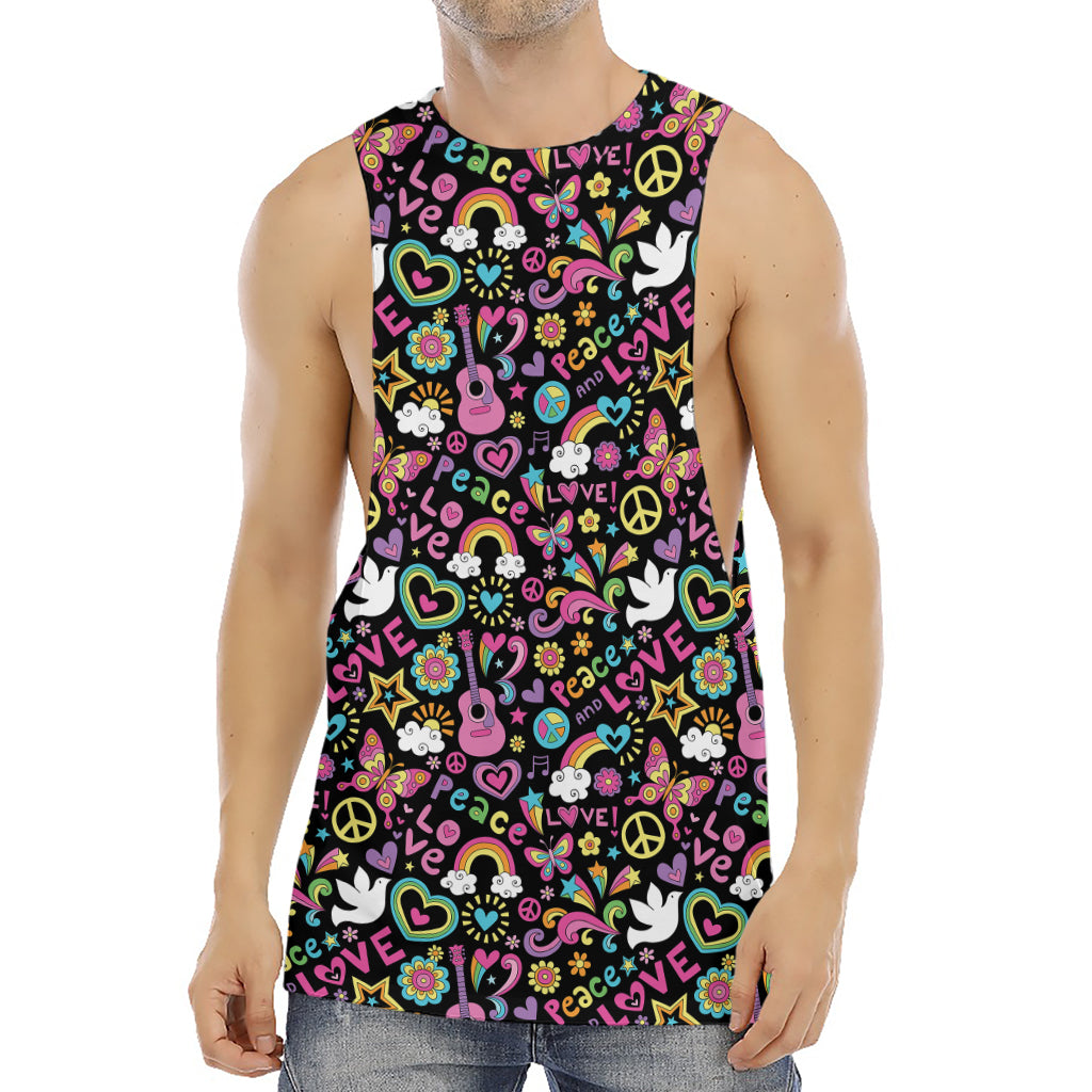 Hippie Peace Sign And Love Pattern Print Men's Muscle Tank Top