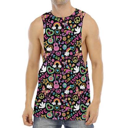 Hippie Peace Sign And Love Pattern Print Men's Muscle Tank Top