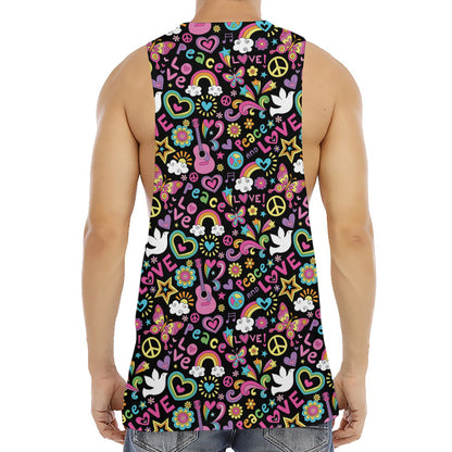 Hippie Peace Sign And Love Pattern Print Men's Muscle Tank Top