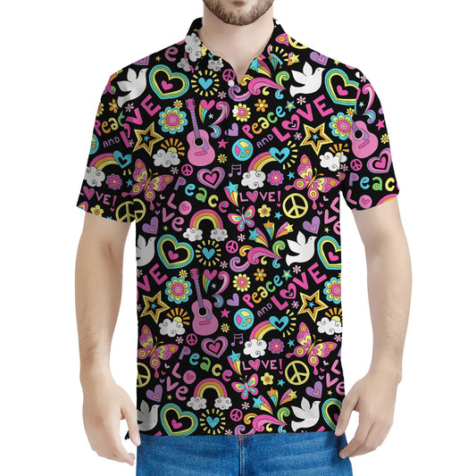 Hippie Peace Sign And Love Pattern Print Men's Polo Shirt