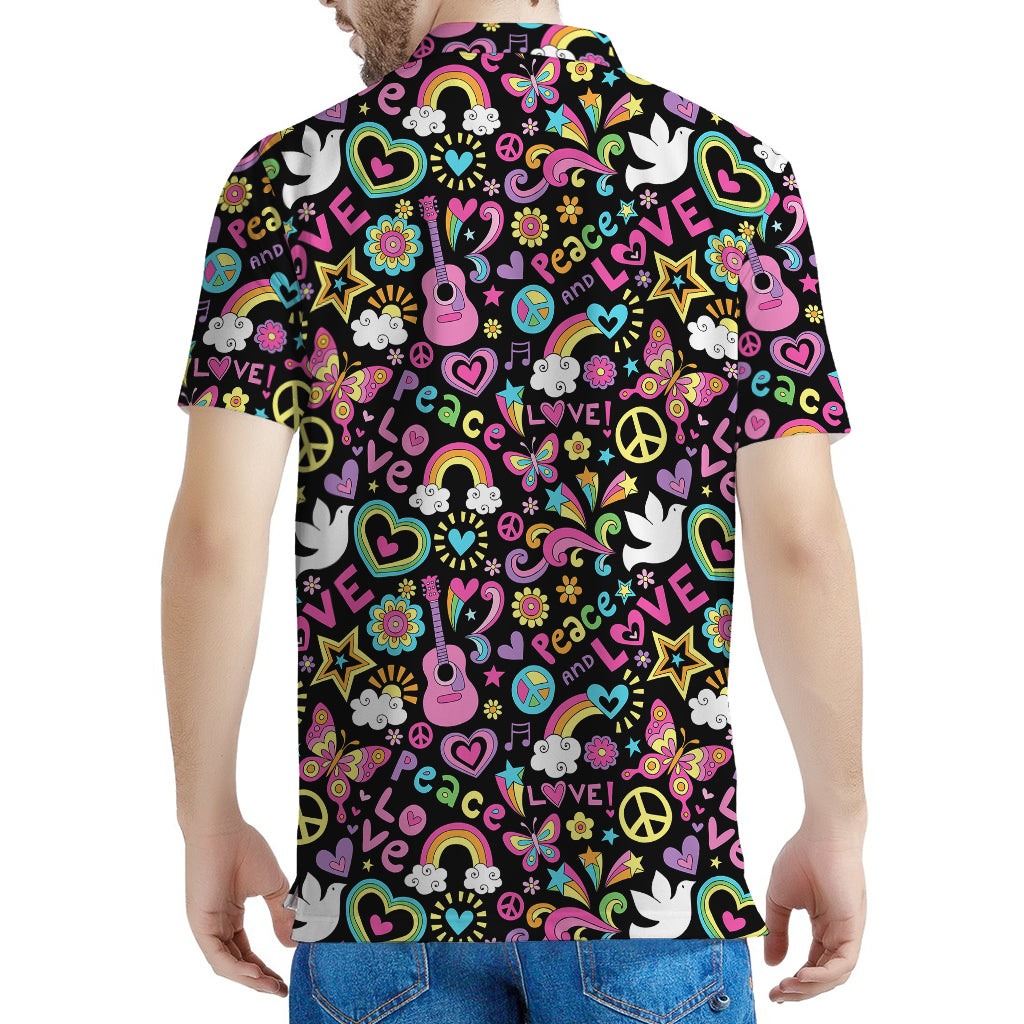 Hippie Peace Sign And Love Pattern Print Men's Polo Shirt