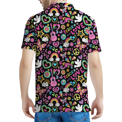 Hippie Peace Sign And Love Pattern Print Men's Polo Shirt