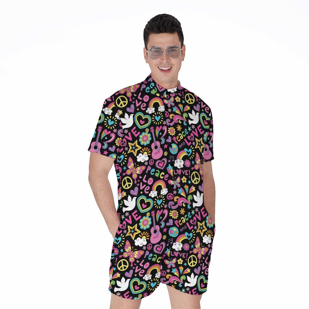 Hippie Peace Sign And Love Pattern Print Men's Rompers