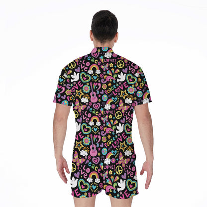Hippie Peace Sign And Love Pattern Print Men's Rompers