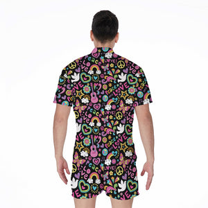 Hippie Peace Sign And Love Pattern Print Men's Rompers