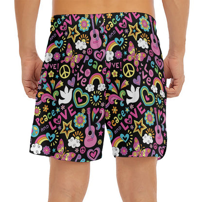 Hippie Peace Sign And Love Pattern Print Men's Split Running Shorts