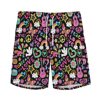 Hippie Peace Sign And Love Pattern Print Men's Sports Shorts