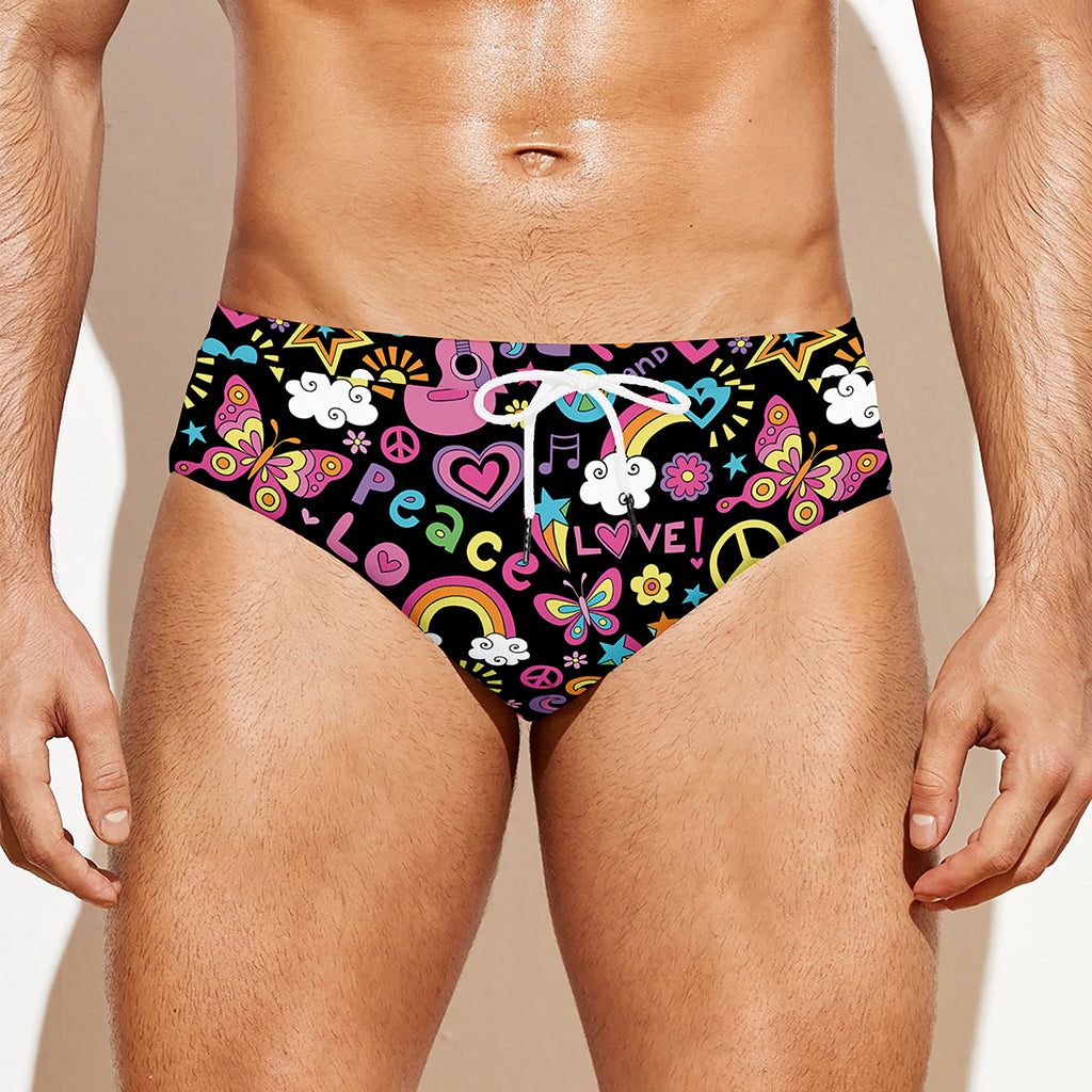 Hippie Peace Sign And Love Pattern Print Men's Swim Briefs