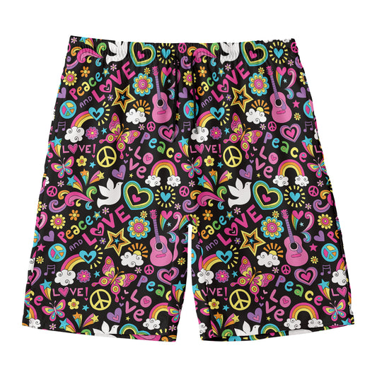Hippie Peace Sign And Love Pattern Print Men's Swim Trunks