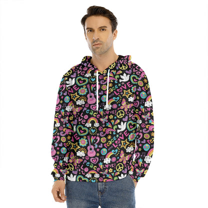 Hippie Peace Sign And Love Pattern Print Men's Velvet Pullover Hoodie