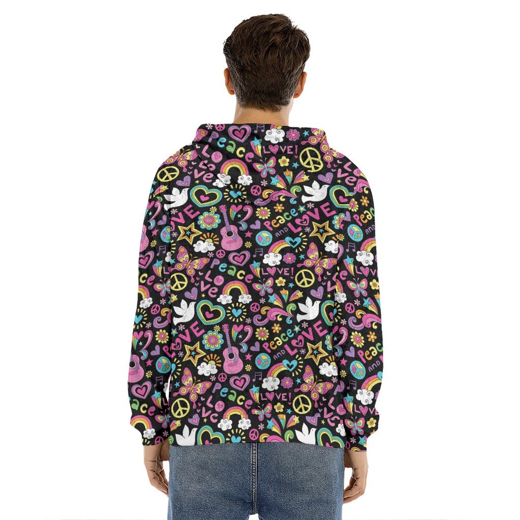 Hippie Peace Sign And Love Pattern Print Men's Velvet Pullover Hoodie