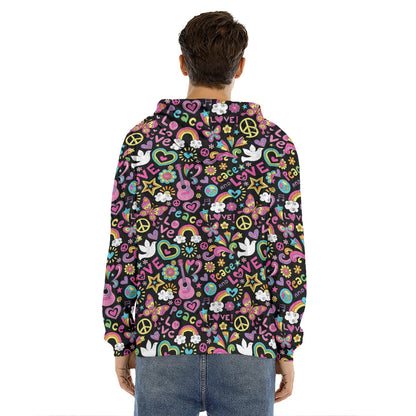 Hippie Peace Sign And Love Pattern Print Men's Velvet Pullover Hoodie