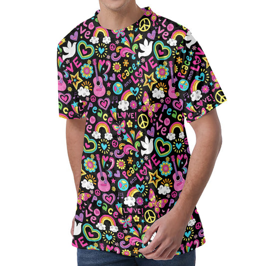 Hippie Peace Sign And Love Pattern Print Men's Velvet T-Shirt