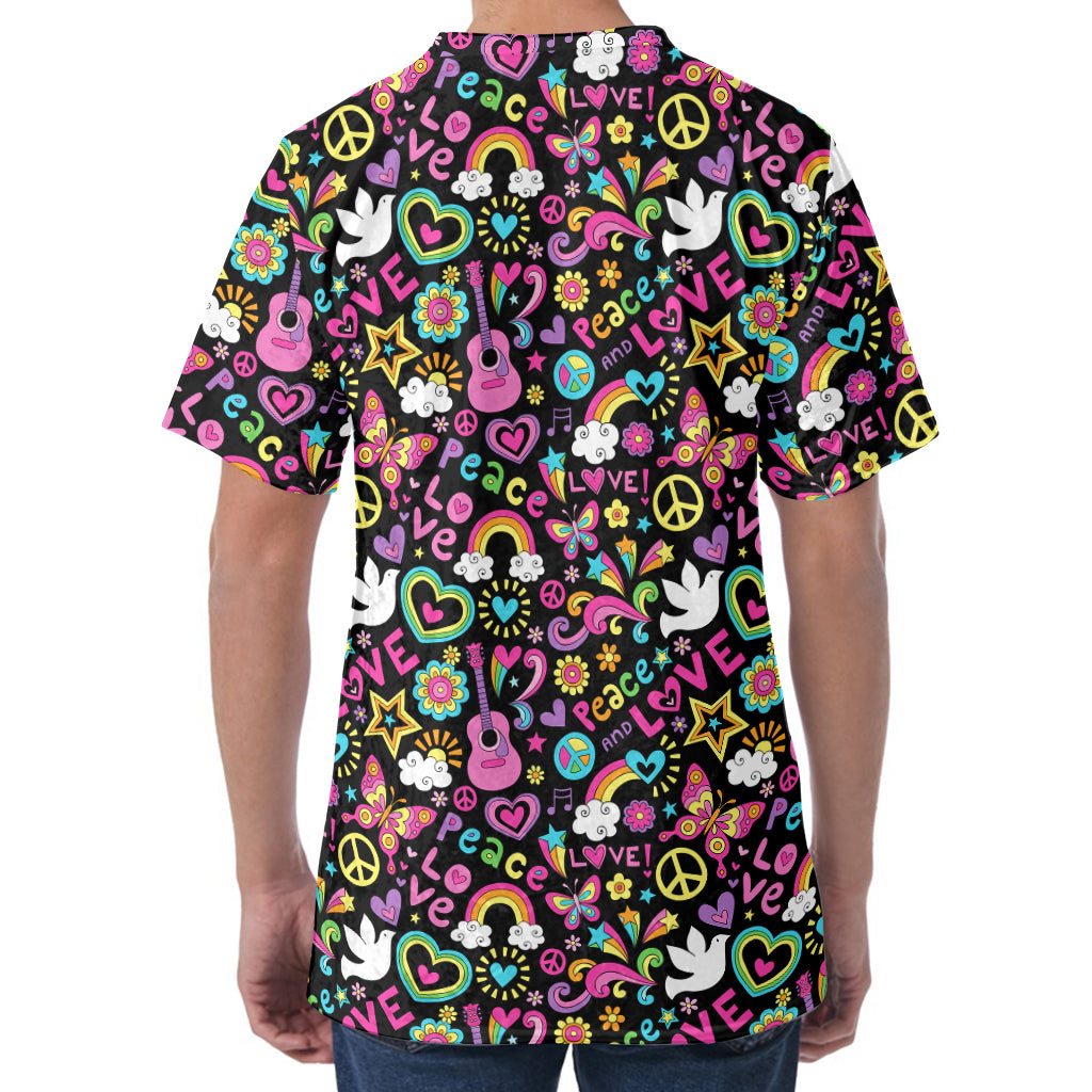 Hippie Peace Sign And Love Pattern Print Men's Velvet T-Shirt