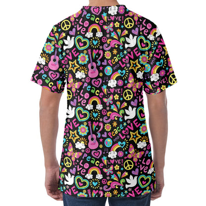 Hippie Peace Sign And Love Pattern Print Men's Velvet T-Shirt