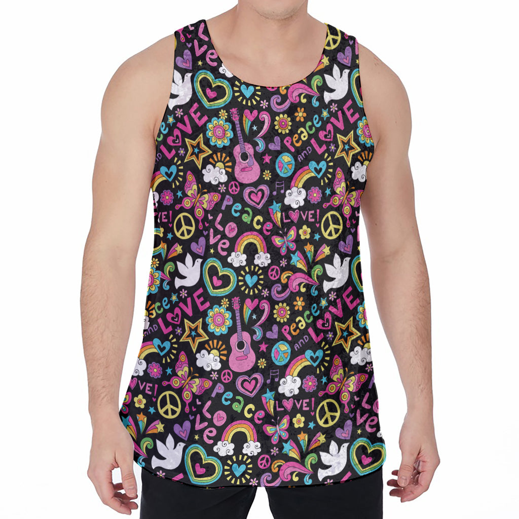Hippie Peace Sign And Love Pattern Print Men's Velvet Tank Top