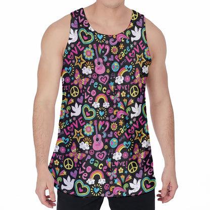 Hippie Peace Sign And Love Pattern Print Men's Velvet Tank Top