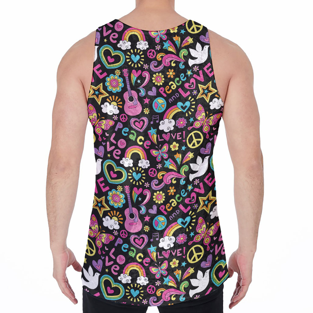 Hippie Peace Sign And Love Pattern Print Men's Velvet Tank Top