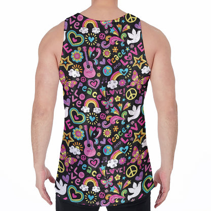 Hippie Peace Sign And Love Pattern Print Men's Velvet Tank Top