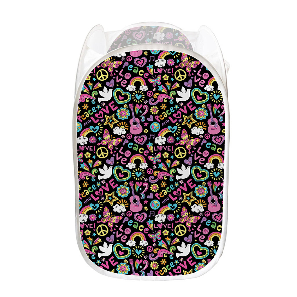 Hippie Peace Sign And Love Pattern Print Mesh Laundry Hamper