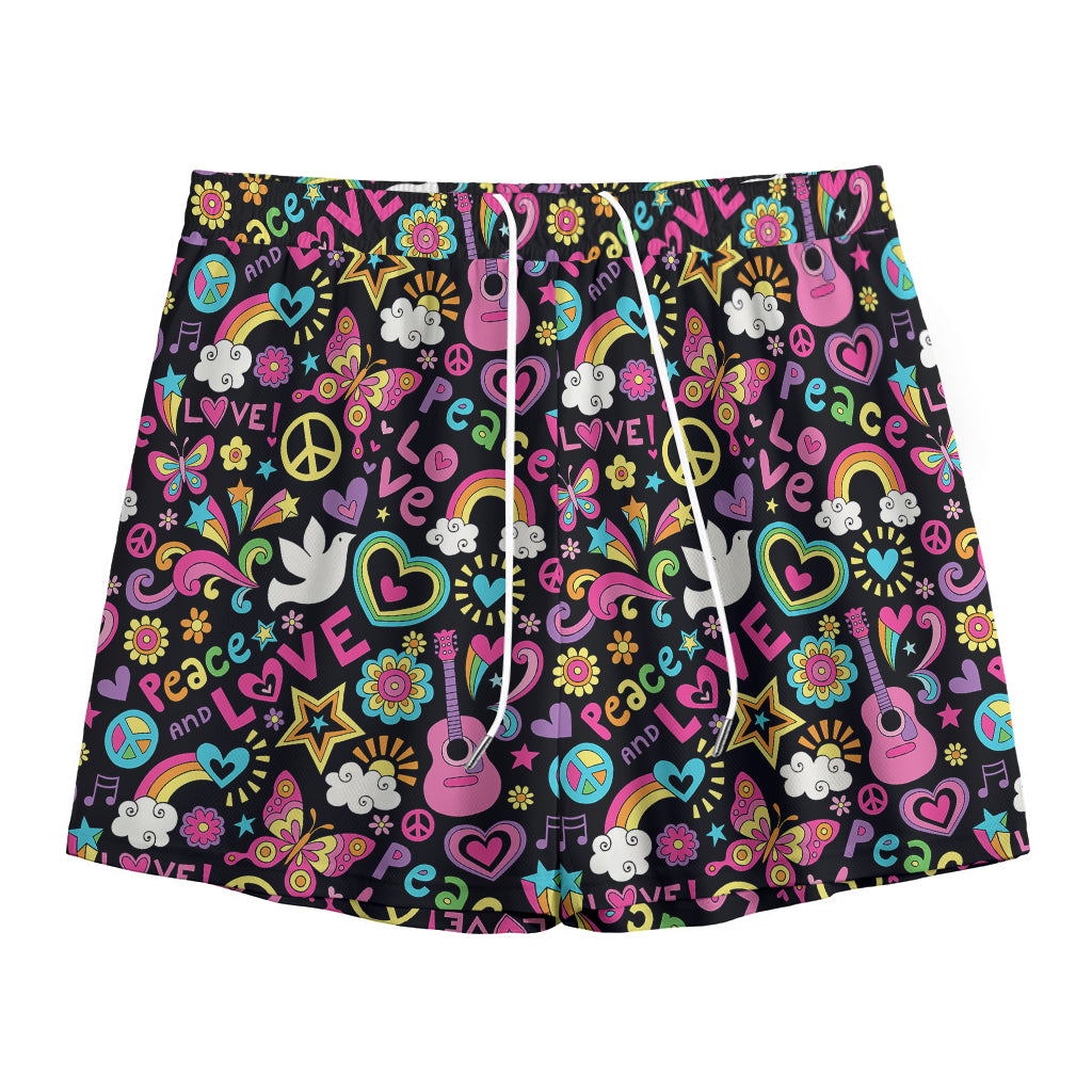 Hippie Peace Sign And Love Pattern Print Mesh Shorts