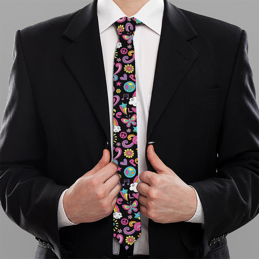 Hippie Peace Sign And Love Pattern Print Necktie