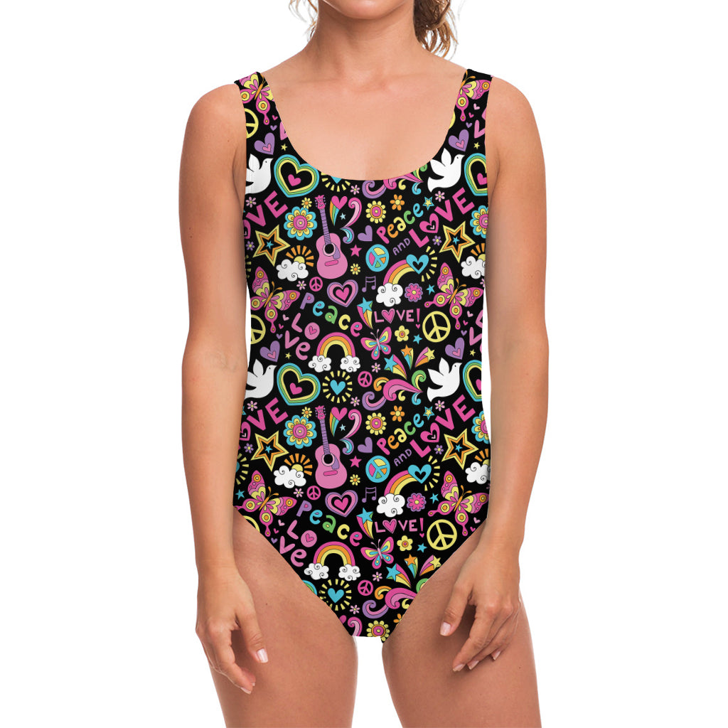 Hippie Peace Sign And Love Pattern Print One Piece Swimsuit
