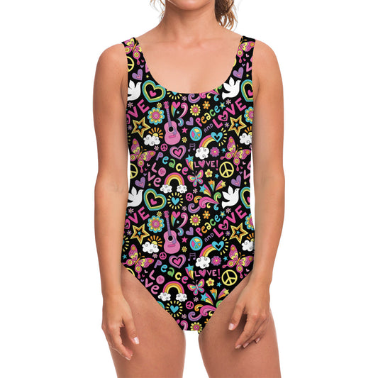 Hippie Peace Sign And Love Pattern Print One Piece Swimsuit