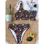 Hippie Peace Sign And Love Pattern Print One Shoulder Bikini Top