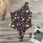 Hippie Peace Sign And Love Pattern Print One Shoulder Bodysuit