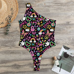 Hippie Peace Sign And Love Pattern Print One Shoulder Bodysuit