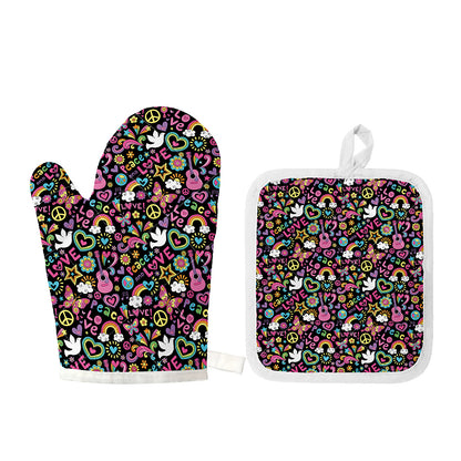 Hippie Peace Sign And Love Pattern Print Oven Mitt And Pot Holder Set