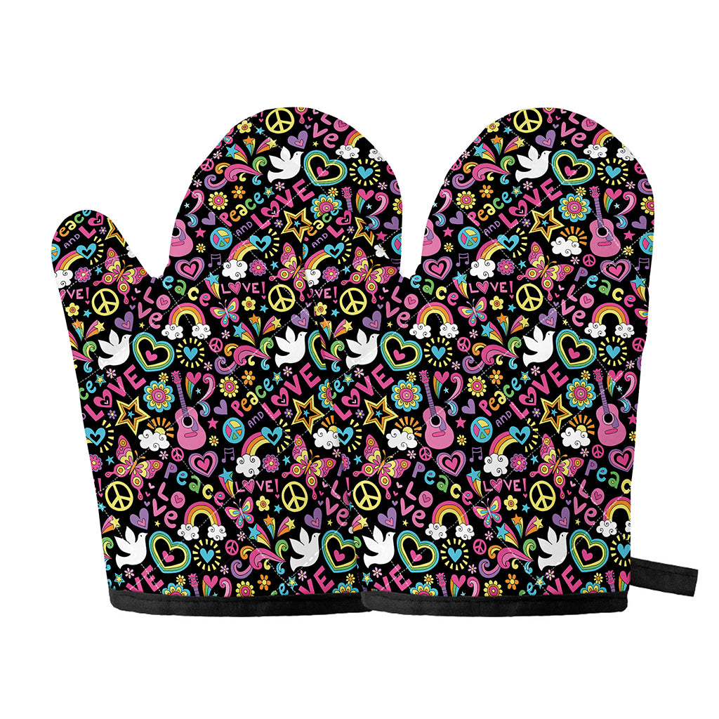 Hippie Peace Sign And Love Pattern Print Oven Mitts