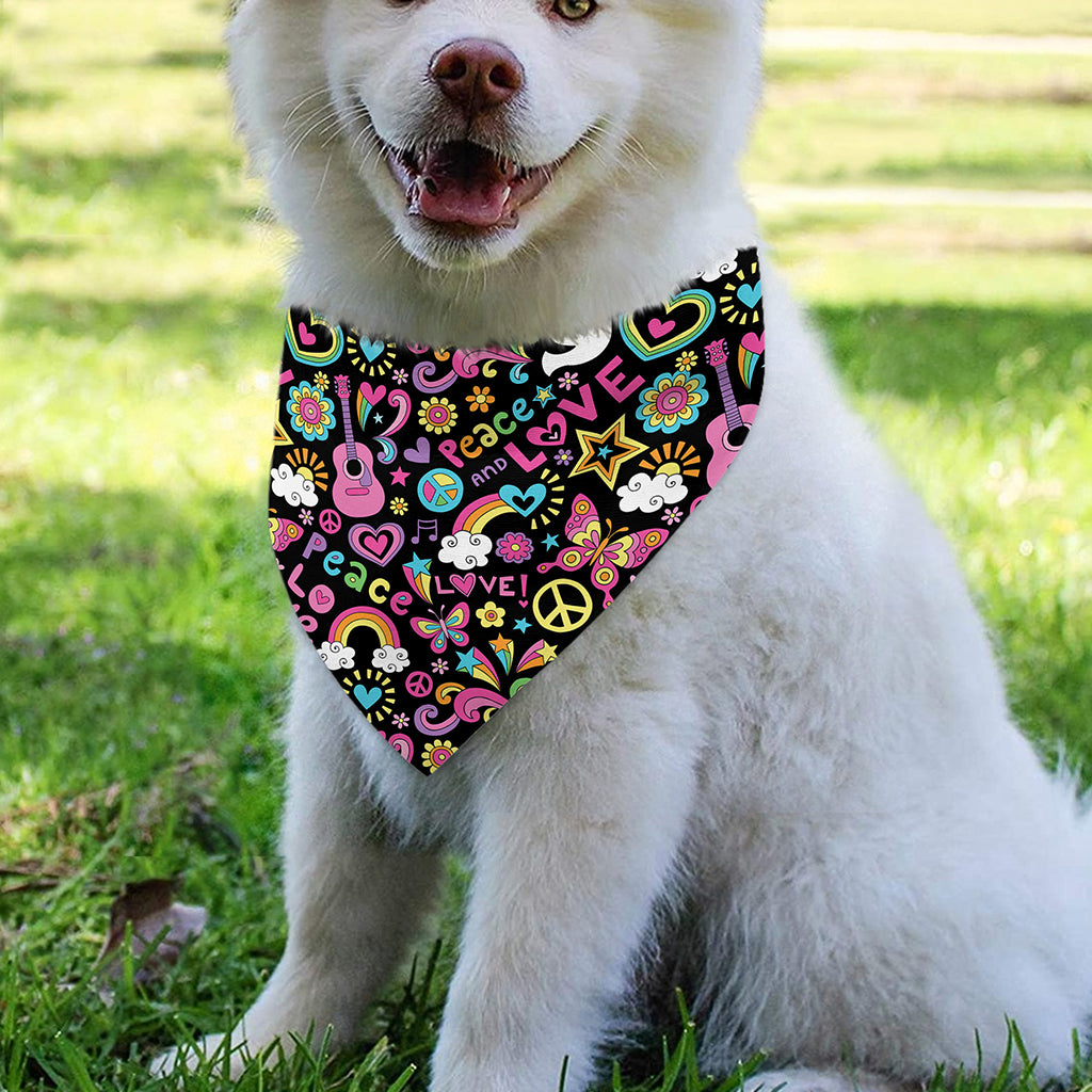 Hippie Peace Sign And Love Pattern Print Over The Collar Dog Bandana