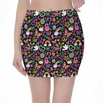 Hippie Peace Sign And Love Pattern Print Pencil Mini Skirt