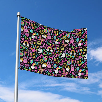 Hippie Peace Sign And Love Pattern Print Polyester Flag