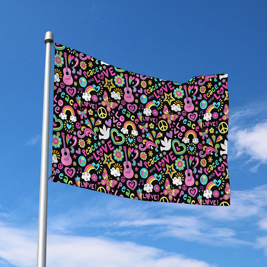 Hippie Peace Sign And Love Pattern Print Polyester Flag