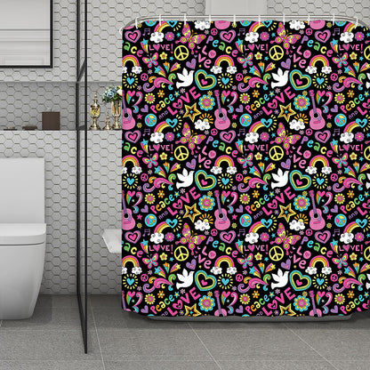 Hippie Peace Sign And Love Pattern Print Polyester Shower Curtain