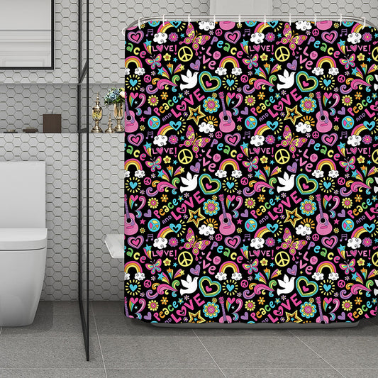 Hippie Peace Sign And Love Pattern Print Polyester Shower Curtain