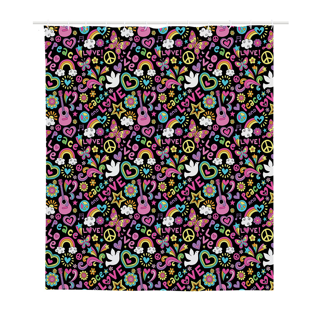Hippie Peace Sign And Love Pattern Print Polyester Shower Curtain