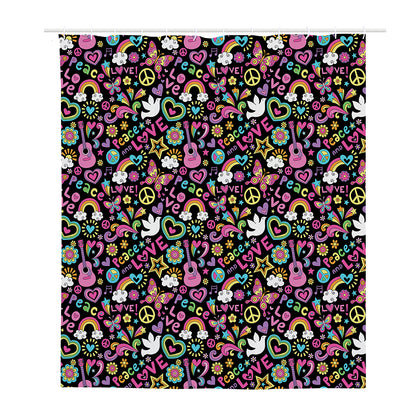 Hippie Peace Sign And Love Pattern Print Polyester Shower Curtain