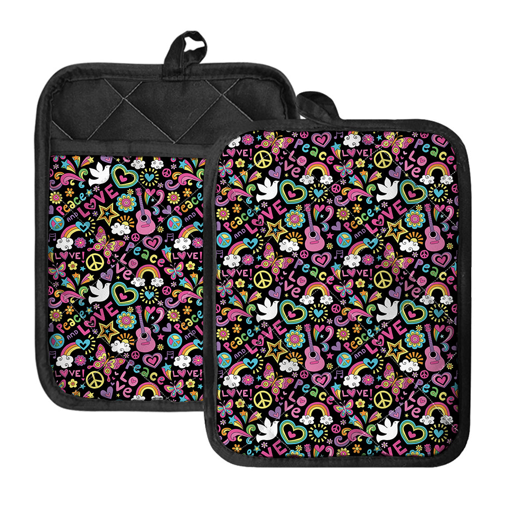 Hippie Peace Sign And Love Pattern Print Pot Holders With Pocket