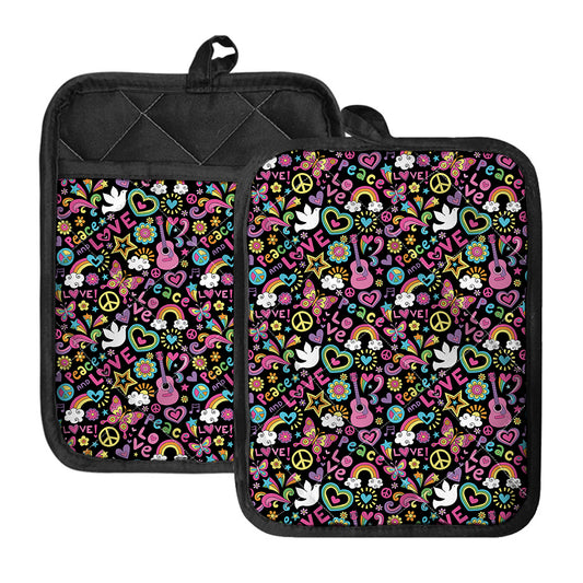 Hippie Peace Sign And Love Pattern Print Pot Holders With Pocket