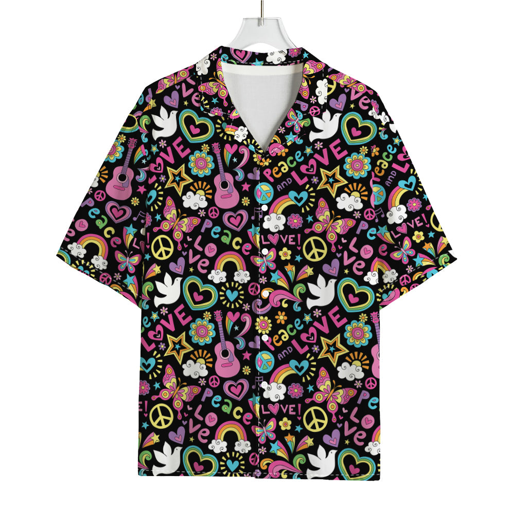 Hippie Peace Sign And Love Pattern Print Rayon Hawaiian Shirt