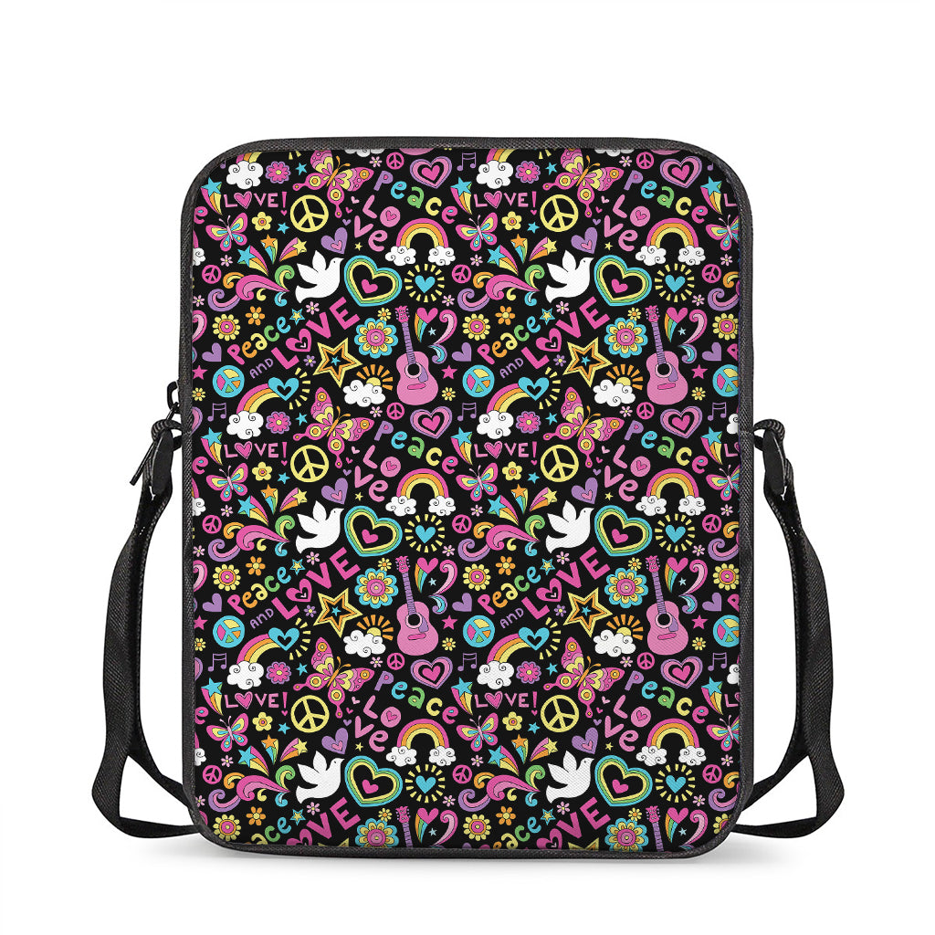 Hippie Peace Sign And Love Pattern Print Rectangular Crossbody Bag