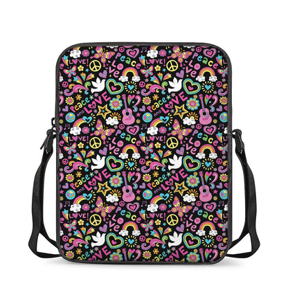 Hippie Peace Sign And Love Pattern Print Rectangular Crossbody Bag
